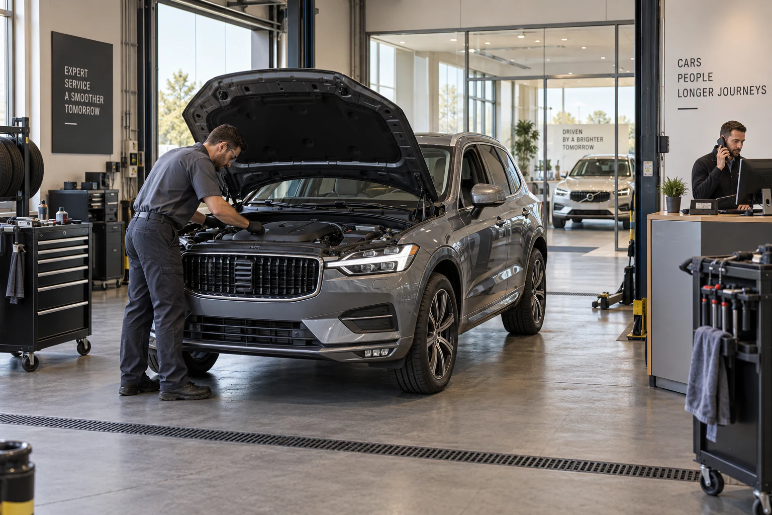 A premium automotive dealership service bay, a complete modern car with hood raised visibly dominates center, service technician inspecting engine and advisor speaking on phone at a nearby service desk; second car behind glass showroom