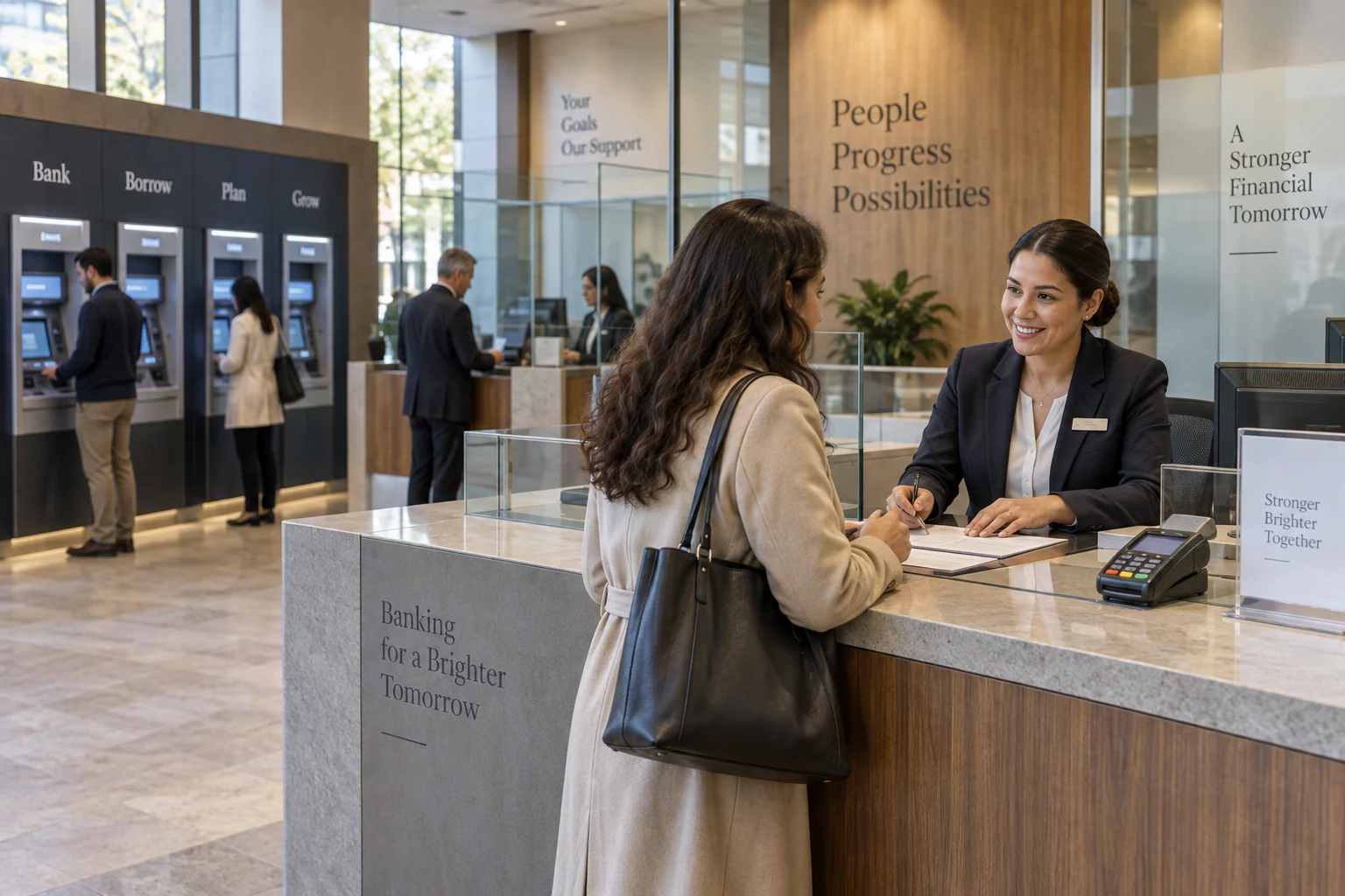 A modern retail bank branch, distinct row of ATM machines and staffed teller counters behind glass, customer speaking to a banker across a counter, a card payment reader and banking forms