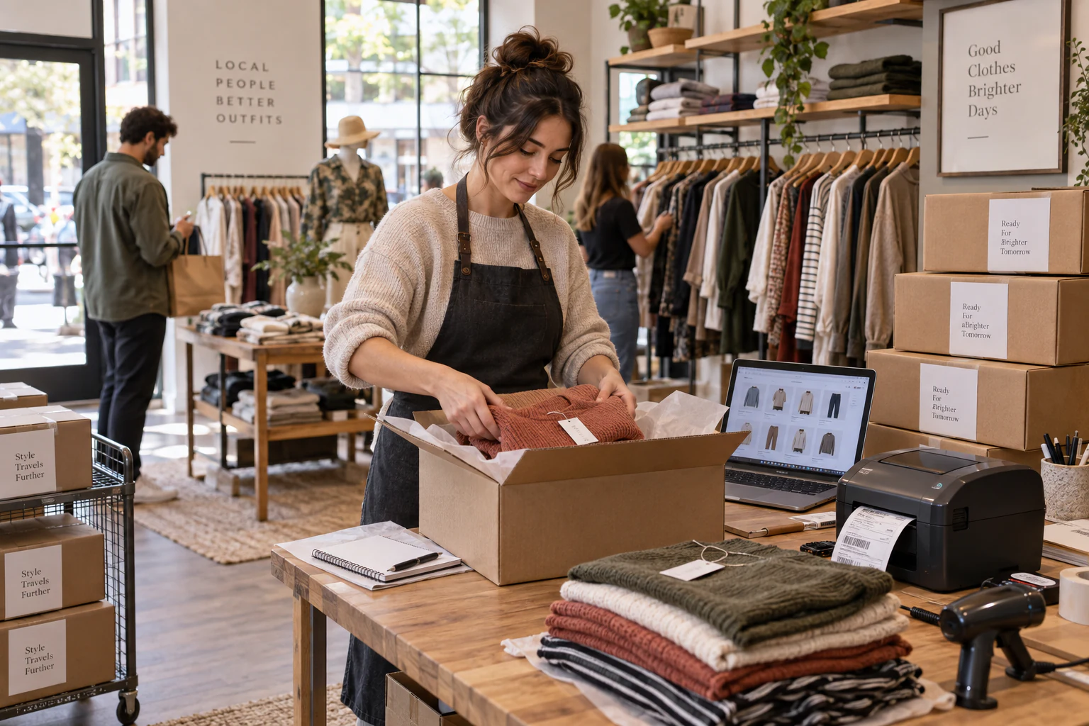 An ecommerce order fulfilment workstation inside a stylish clothing retail shop: shop owner packing clothing into open shipping cartons, shipping label printer, barcode scanner, racks of clothing and neatly stacked outgoing parcels, laptop with abstract unreadable online product thumbnails
