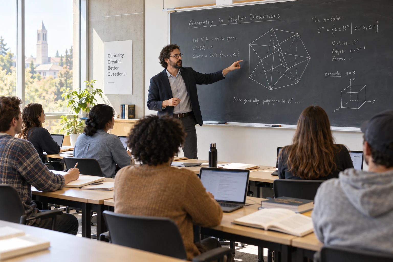 An airy modern university classroom: teacher explaining an abstract geometry diagram on a large teaching board, adult students seated at desks with open laptops and books facing teacher