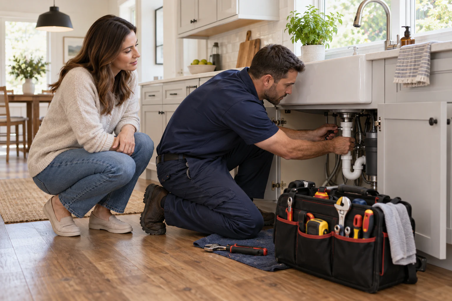 A professional home maintenance technician in clean navy workwear with open tool bag and visible hand tools repairing a kitchen sink, homeowner consulting nearby, bright contemporary home