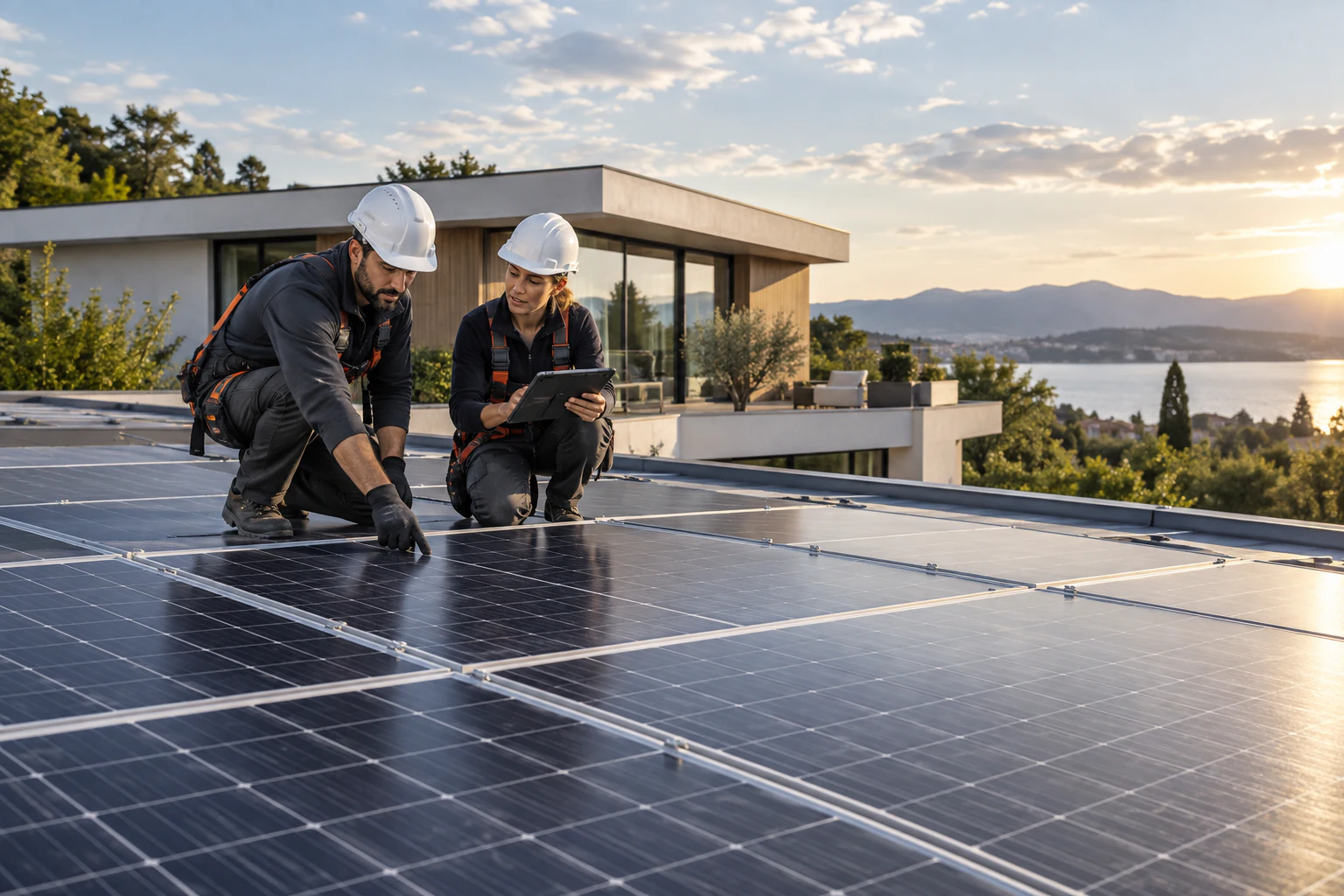 A photovoltaic installation: large clearly visible grid of blue-black solar panels dominates foreground on a low flat roof, two solar installers in appropriate hard hats and work clothing checking the installation with a tablet, contemporary house and sky beyond